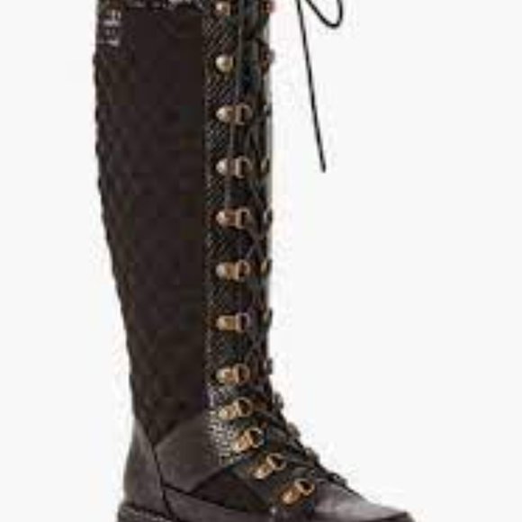 JustFab Shoes - Black Quilted Lace Up Boots w/Marled,Gold, Faux Leather. Guinevere by JustFab.